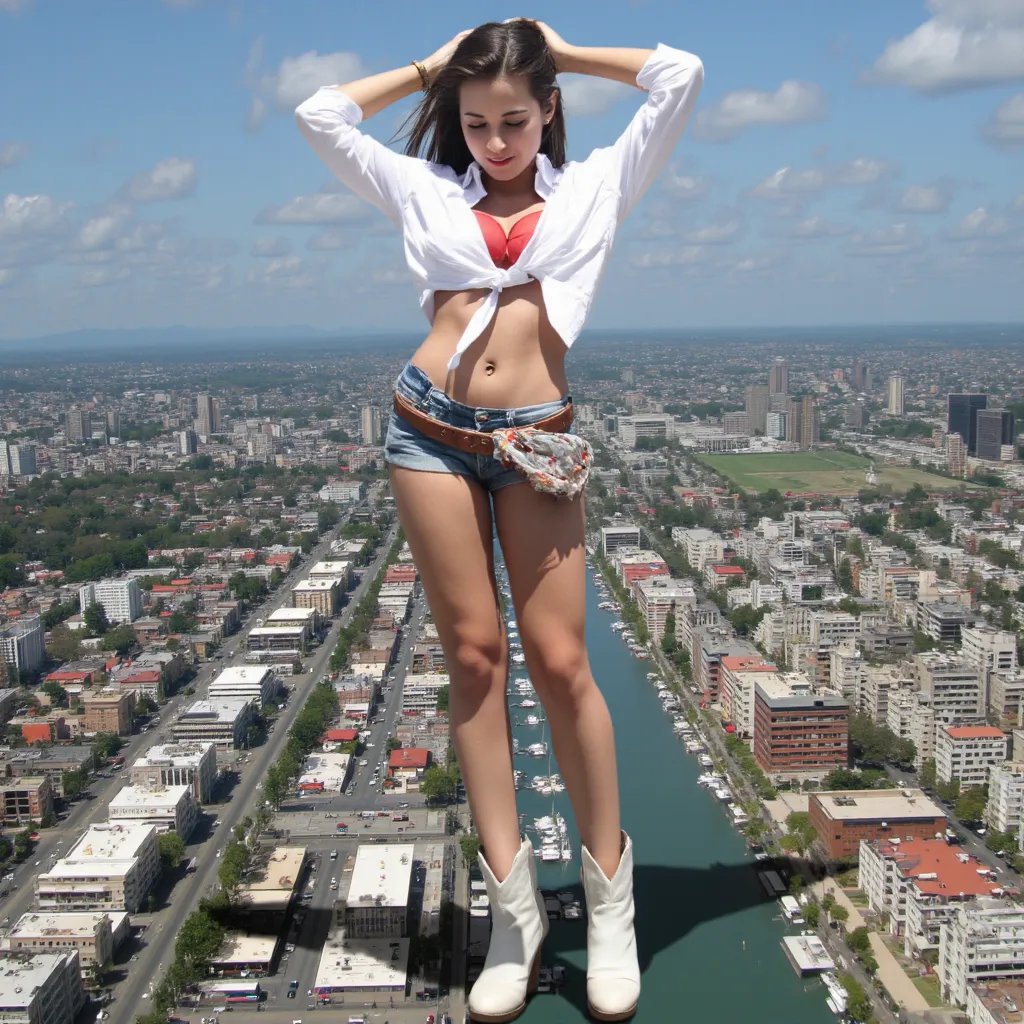 masterpiece,highest quality,High resolution,Full Body View, colossal, 200000ft tall, giantess,White jacket,Red innerwear,Belly button,Belted denim provocative mini  micro shorts,The heroine in white cowboy boots,Perfect Legs,Perfect Skin,Perfect Arms,Abdom...