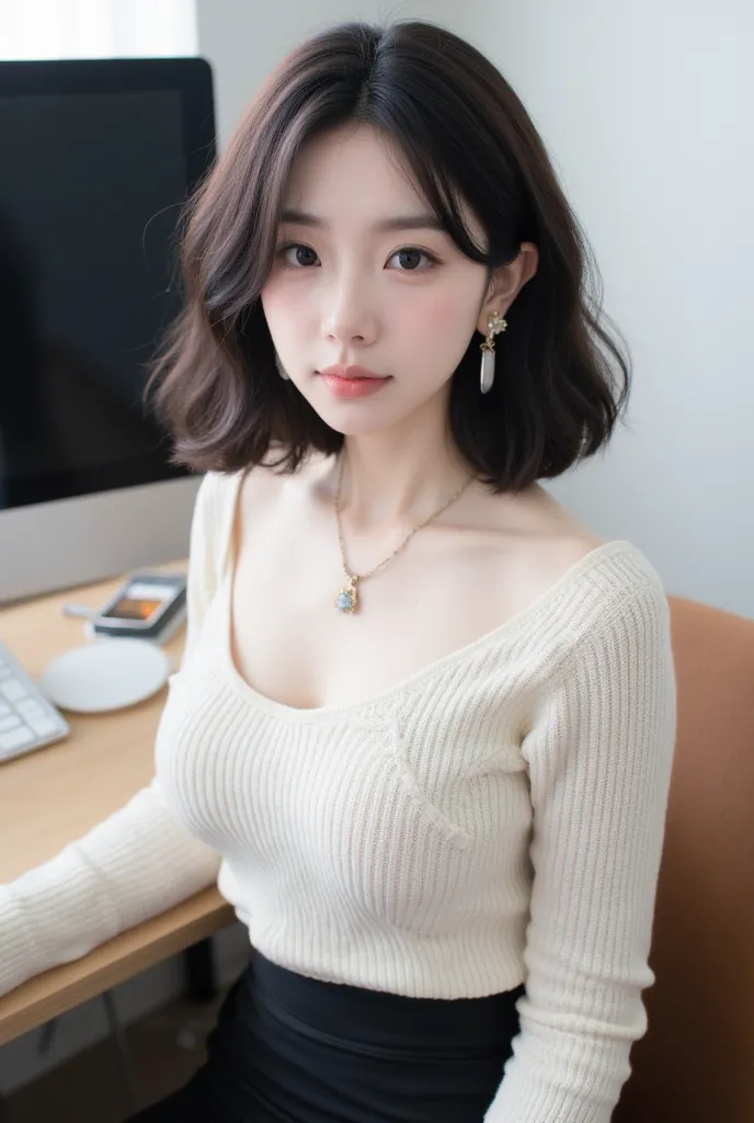 ((Skin Texture: 1.3)), Exquisite face details, Skin texture, Pencil skirt, High quality photo, Cute and sweet Japanese girl, Solo, Jewelry, Earrings, Necklace, Looking at viewer, Brown hair, Cleavage, Realistic, Lips, Short hair, Off-shoulder sweater, Blac...