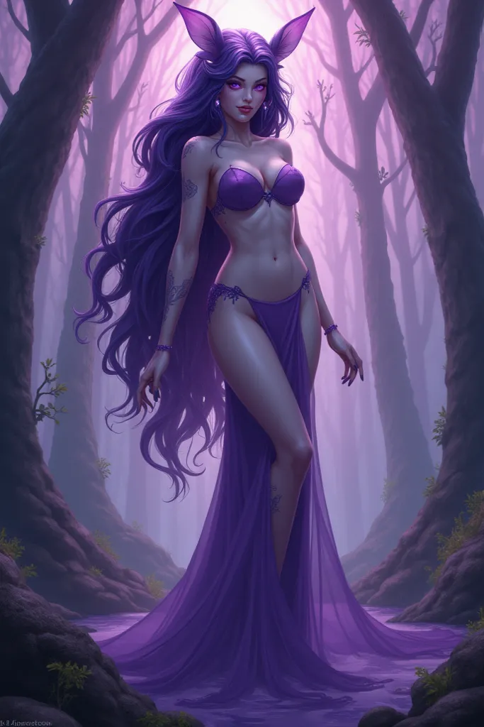 A magnificent illustration of Olivier Ledroit, Beautiful night elf, totally naked, with very large breasts and full body, with very white skin, with purple eyes, with very wavy hair, voluminous and purple, in a forest of gigantic trees under a fanciful pur...