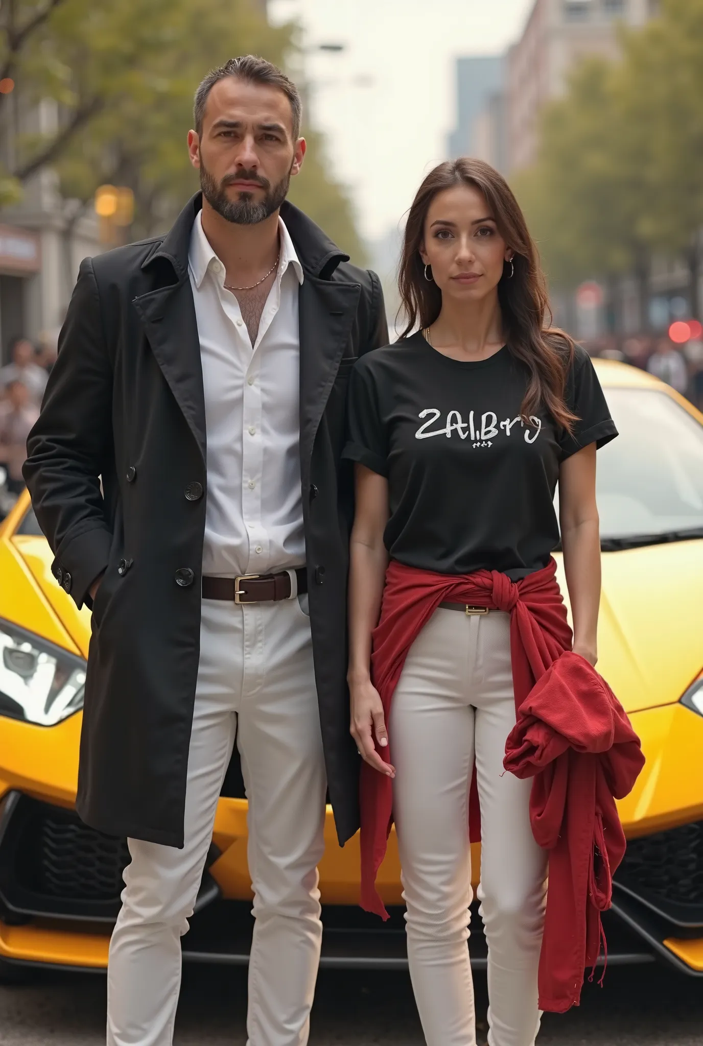 A 3d realistic 40 years old young cute Turkish couple man is wearing white shirt and white pants with black coat and write on the coat "ZAID" the women is wearing a black color t-shirt and white pants and take a hand red coat and write the the shirt "MINI"...