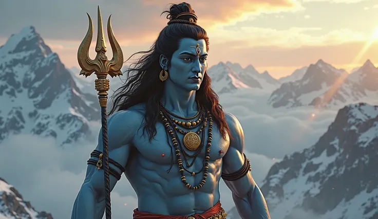 "A hyper-realistic, ultra 8K cinematic depiction of Lord Shiva standing tall in the majestic Himalayan mountains. His powerful, muscular physique glows with divine energy, his skin radiating a mystical bluish hue. His deep, intense eyes exude wisdom and se...