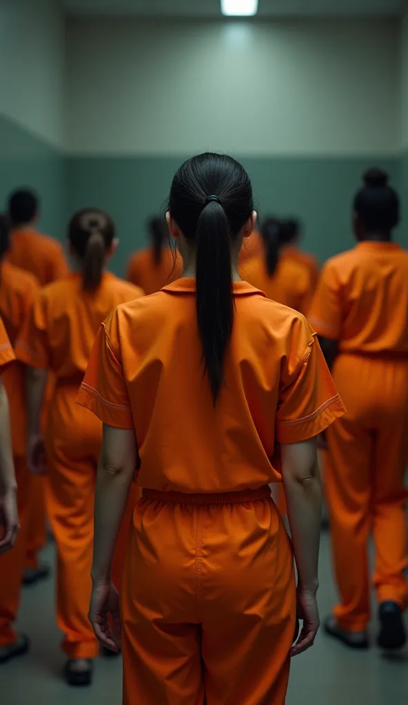 European women's appearance, Female convict wearing an orange uniform,Female prisoners line up to walk back to their cells.Back of body facing the camera