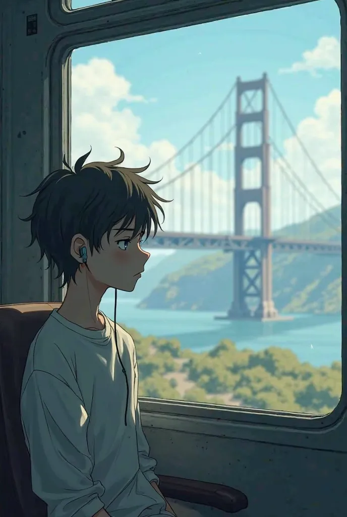 A anime sad boy in train put ear piece in ear and the train cross over a huge bridge 