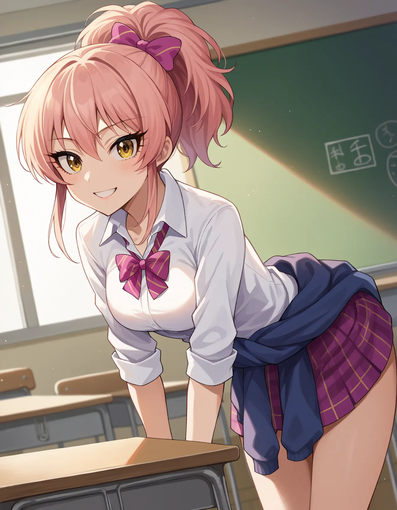 score_9, score_8_up, score_7_up, source_anime,
mikajougasaki, mika jougasaki, hair bow, long hair, pink hair, yellow eyes, ponytail, smile,
bow, clothes around waist, plaid, plaid skirt, school uniform, skirt, sweater, sweater around waist,
indoors, classr...