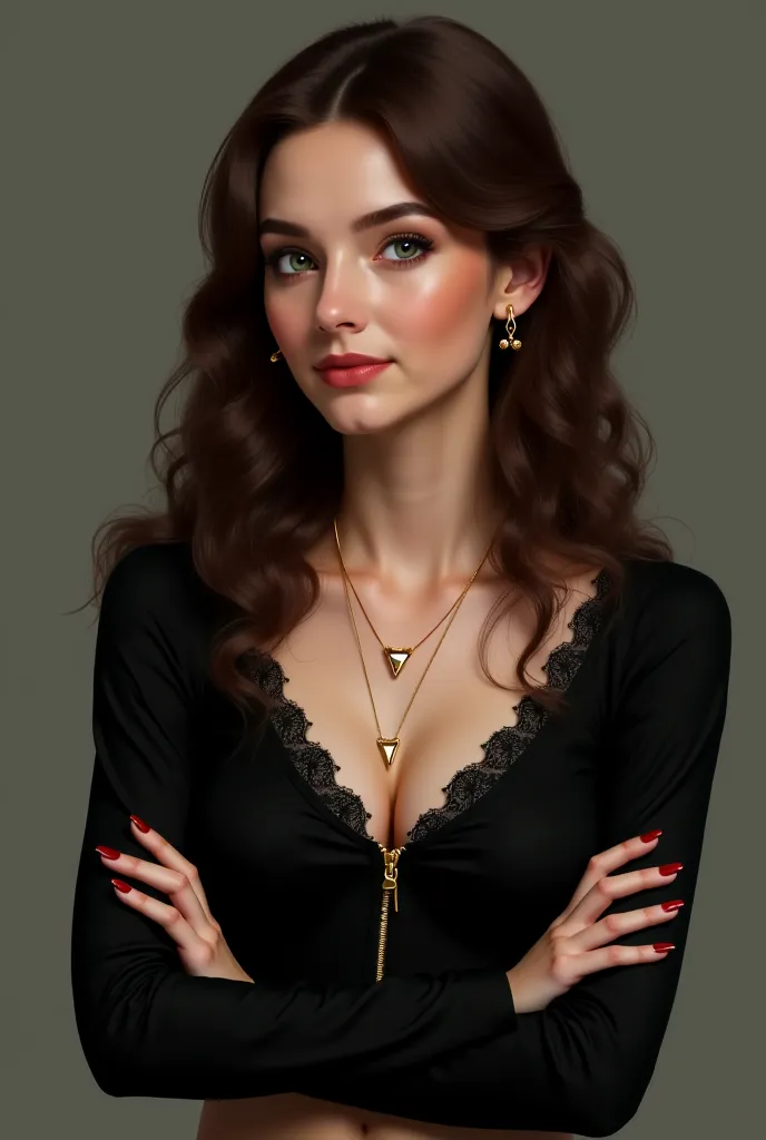 She must be a realistic woman with white skin and green eyes she must have long wavy brown hair and she must wear a cropped black lace t-shirt with a long sleeve with a zipper in the middle and a gold necklace and gold triangle earrings she must have her a...