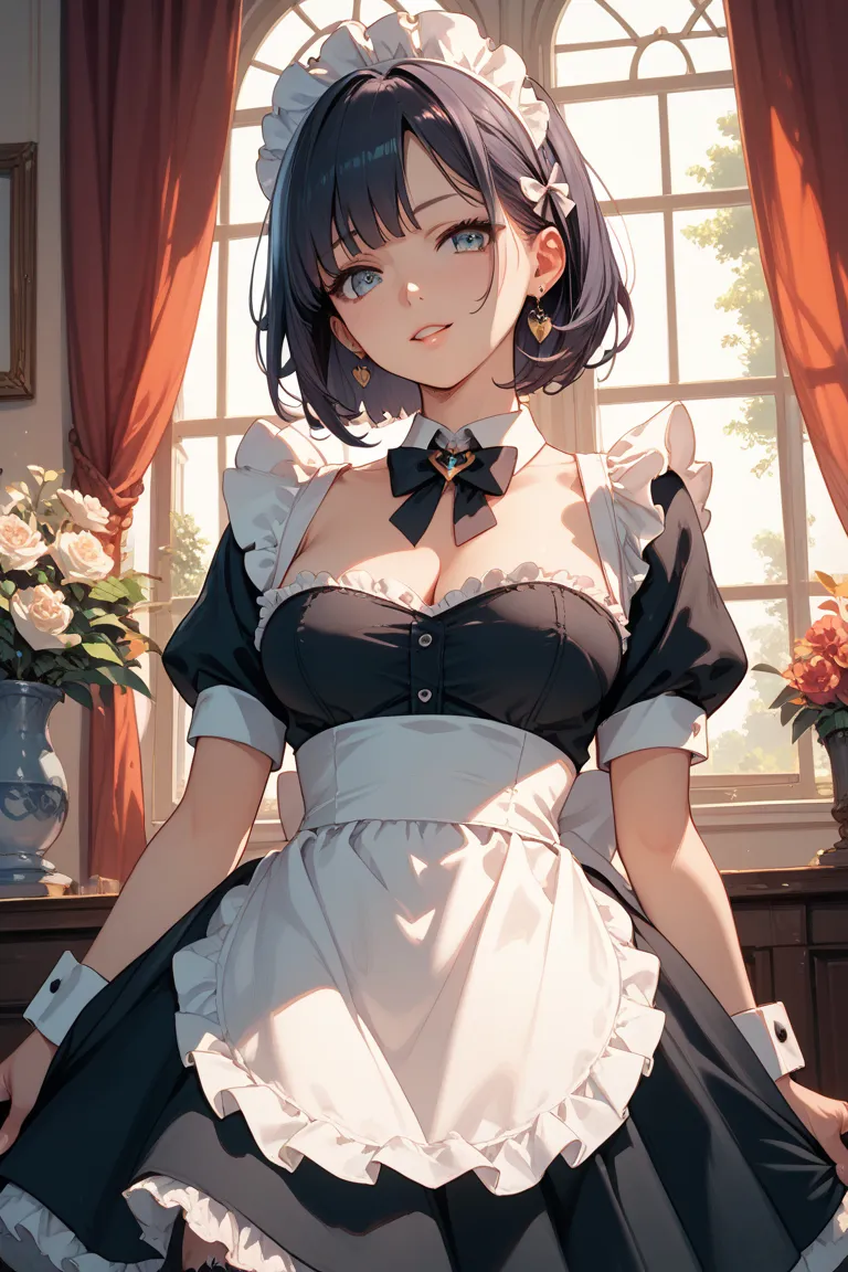 A woman in maid clothes showing off her part