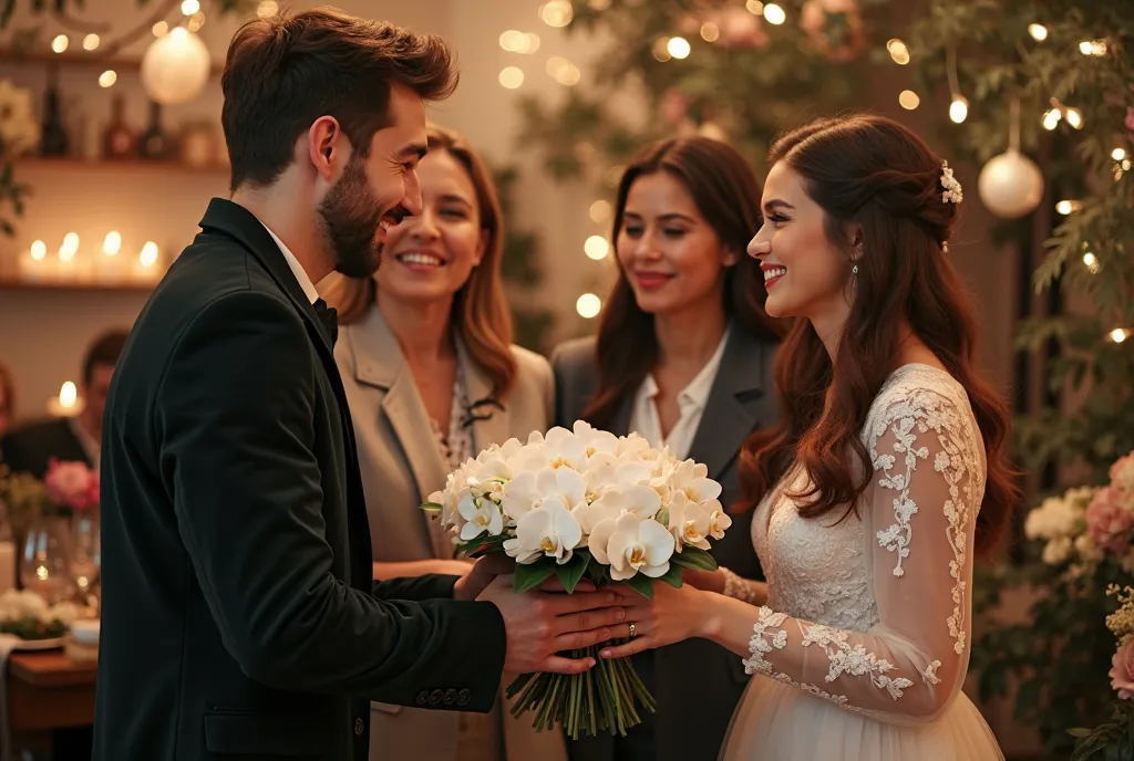 A realistic photograph of a group of friends in their late 20s presenting a beautiful bouquet of white Phalaenopsis orchids to a newlywed couple at their wedding celebration party. The groom is dressed in a casual yet refined jacket style, while the bride ...