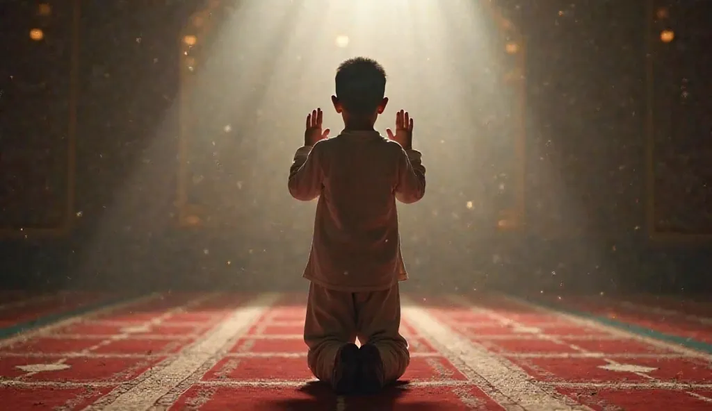 
"A Muslim boy standing on a prayer mat (Jai namaz), with his hands raised in prayer, facing towards Mecca. The atmosphere is peaceful and serene, with soft lighting around him. The background is minimalistic, focusing on his prayer and deep concentration....