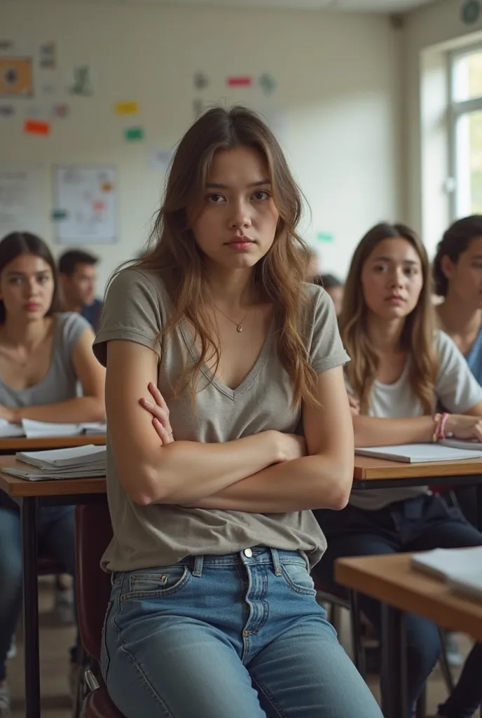 the girl dressed in jeans during class