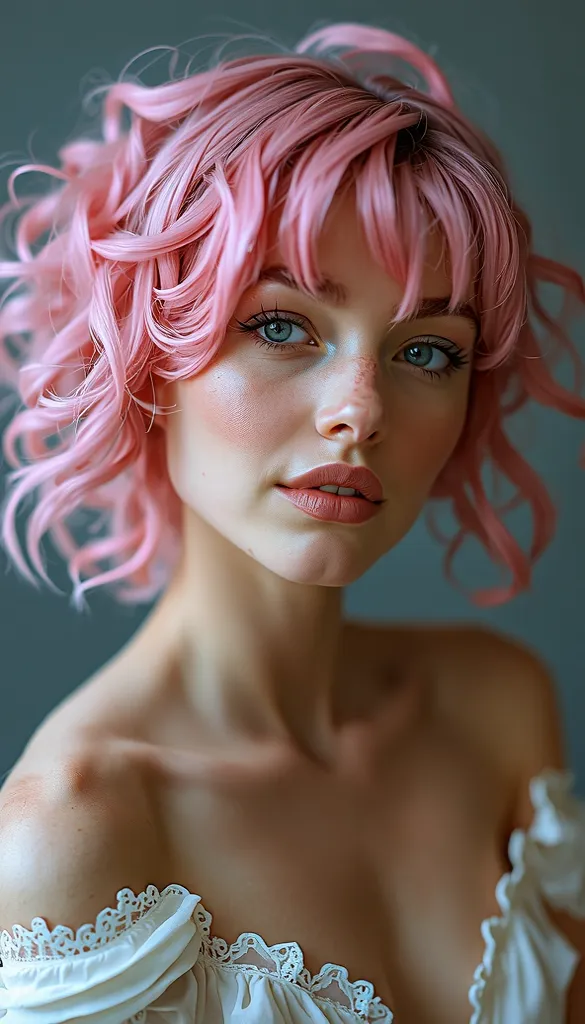 the same woman with pink hair, completely naked. small sized perfect breasts, full body professional photography