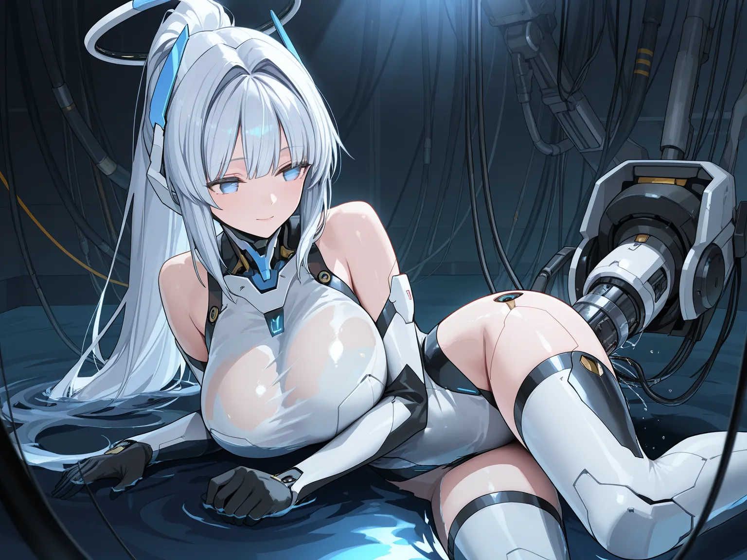 android,cyborg,highres,beautiful,machine_girl,broken,damaged,broken body,mechanical parts,masterpiece,game cg,young girl,hair intakes,have to pee,no pupils,leggings,detached sleeves,masterpiece,best quality,highly detailed,bishoujo,detailed CG Unity 8k wal...