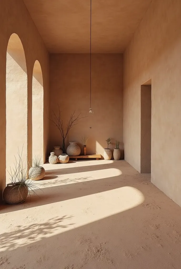 "In an interior, completely natural and hand-applied earthen clay plaster walls. No pigment added. In an interior, in pure and natural clay color; to best show the details of the plaster there is a transition. Venue , receive natural light and the shadows ...