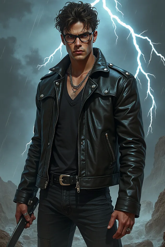 ager, stern look, brown eyes, stern expression, knife scratch on right cheek, sadistic smile, silver chain around neck, skinny build, black leather buttoned jacket, silver rings on fingers, black jeans, black army boots, knife in right hand, stormy weather...