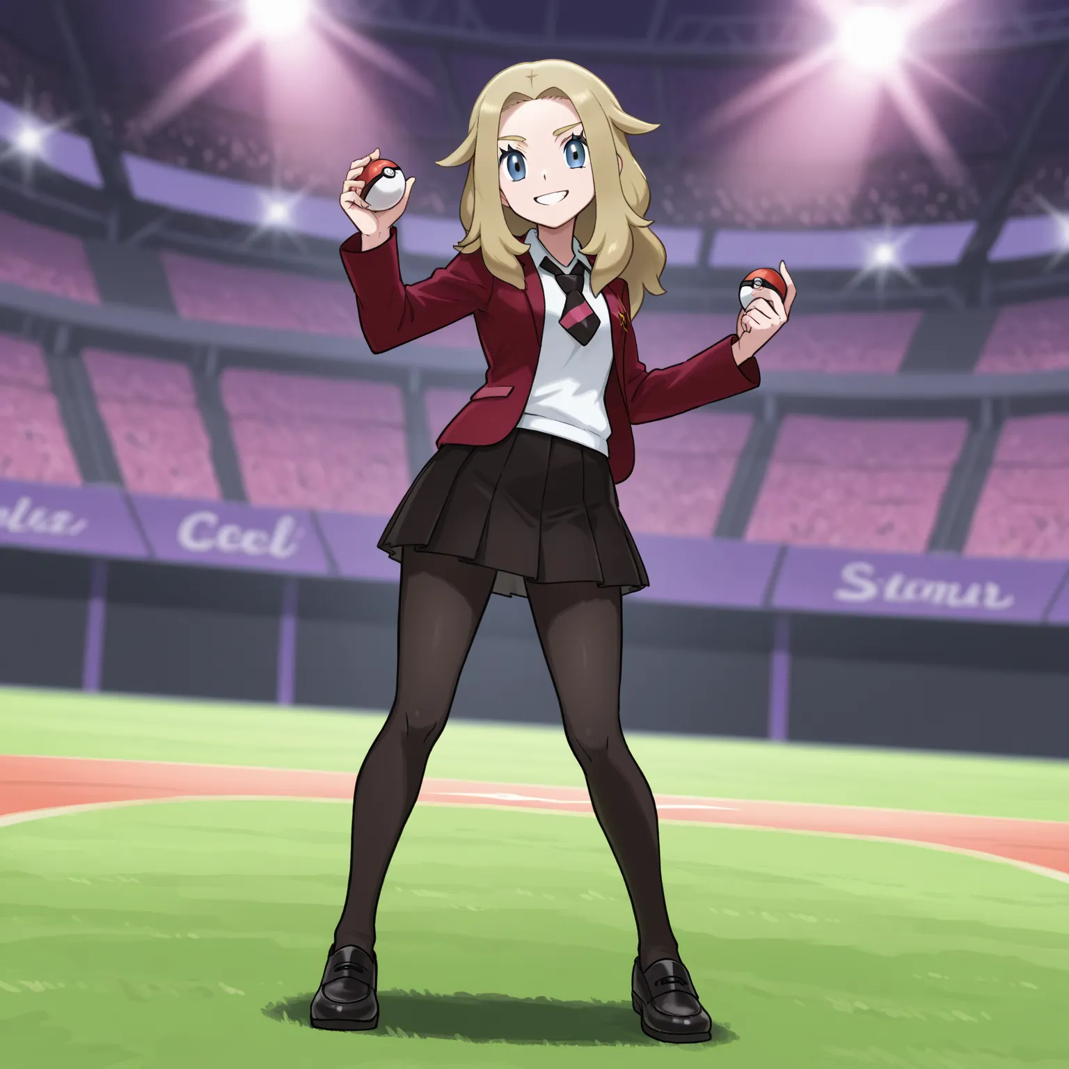 lass swsh,necktie,red jacket,white shirt,skirt,pantyhose,loafers、,holding poke ball,looking at viewer,smile、at viewer,pokemon stadium、A large audience