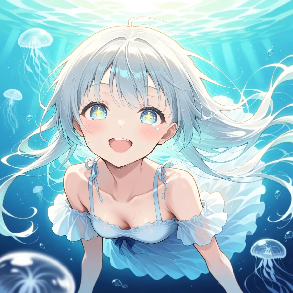 A little jellyfish under water with eyes and mouth, Smiles 