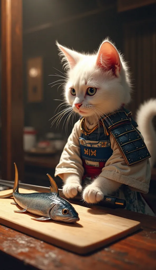 high image quality during sick leave、High Resolution、A cute, freshly born white baby cat that looks like a samurai who has just returned from a long period of warrior training is wearing the armor of a Sengoku warlord and is staring at the marlin placed in...