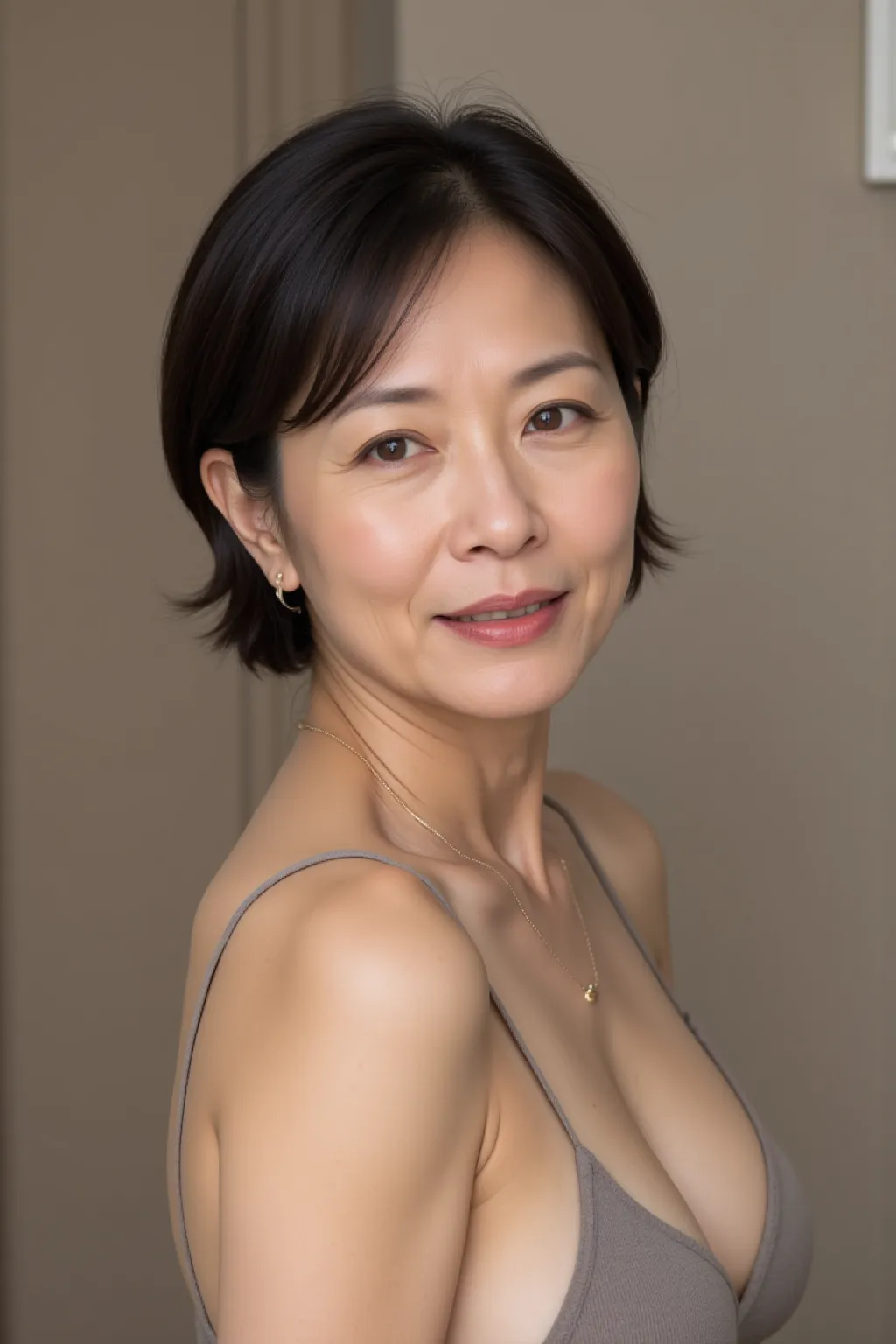 Full body photo of an elegant 60-year-old Japanese woman, kind smile、(Facial wrinkles、 nasolabial fold:0.3)、Middle-aged appearance ,  front view、Thin rubber swimsuit、I have a notebook in the hospital room、6 fine lines of laughter engraved on her face,  App...