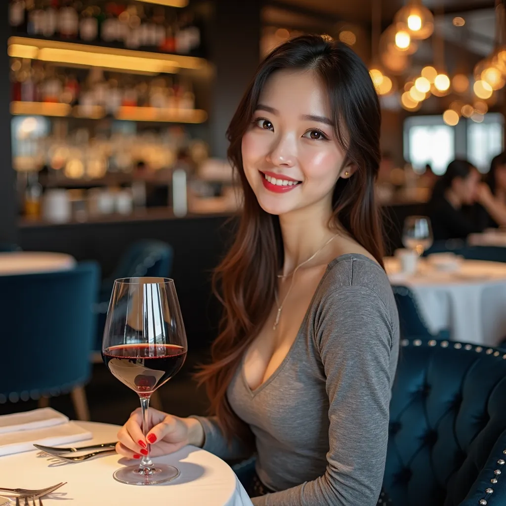 Photo of a cute Asian girl with fair skin, round face, long straight brown hair, parted on one side and swept back, light makeup, plump red lips, she has a slender figure and small breasts, sitting at a dining table in a luxurious and modern restaurant. Sh...