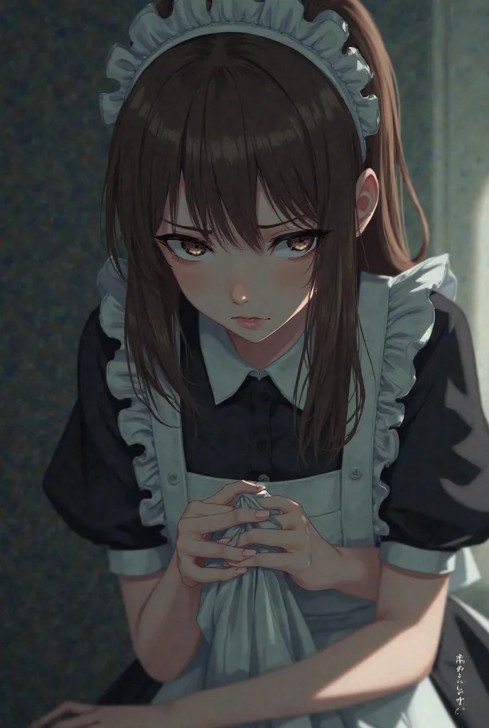 anime girl maid.sad murdered look.loose brown hair,straight.
looks down.dkrjit a rag in her friends.
angle as if she's looking into the eye from the bottom up,from under her brows