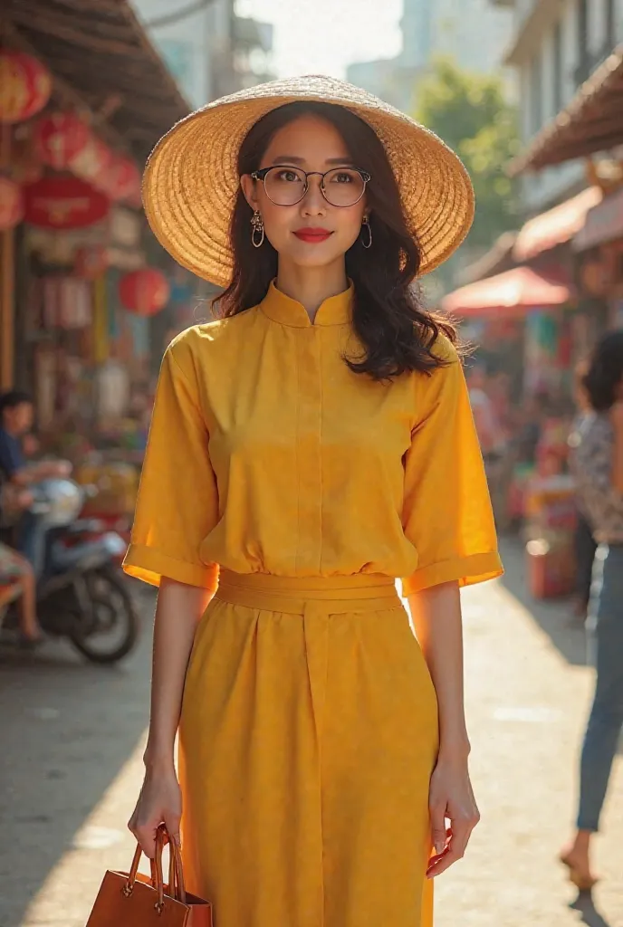 "Design a high-resolution advertising poster for ophthalmic lenses featuring a sophisticated Vietnamese housewife in her 20s with a busty figure. She is dressed in a tailored Yellow Vietnamese Traditional Clothes, wears traditional Vietnamese hat, that ele...