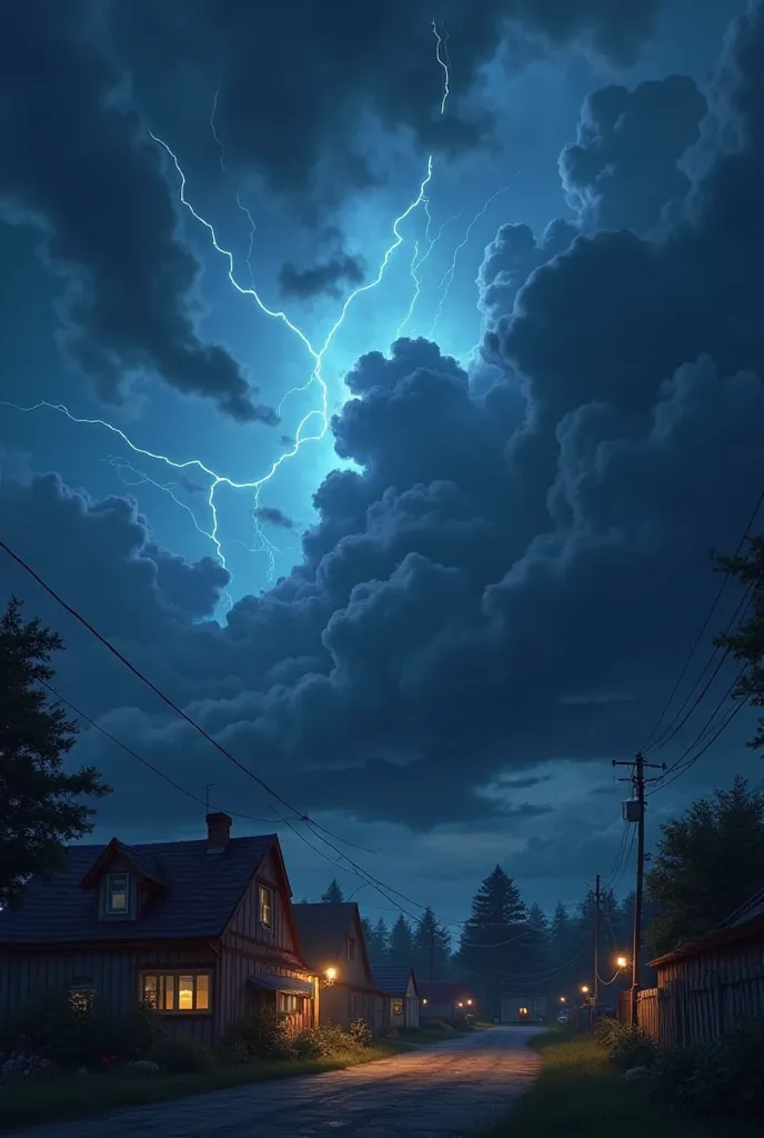 Design a hyper‑realistic 3D Pixar‑style night scene of the village under a stormy sky. Capture turbulent clouds, flashes of lightning, and windows trembling from a deafening, unseen roar. The atmosphere is charged with tension, using dramatic lighting and ...