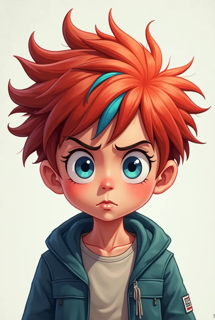 Boy With red hair, blue streaks and sky blue eyes And a serious look in his eyes Chibi Style 