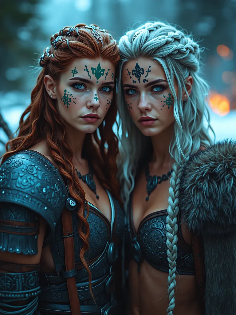 
**Two legendary Viking warrior women stand side by side, showered with power and mystery. They have war paints decorated with mystical Nordic runes on their faces, adds a mystical aura to their beauty. One of the women is long, has wavy colored hair and e...