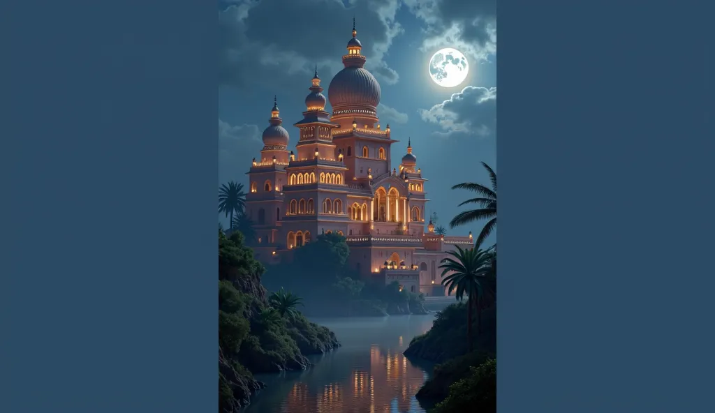 Generate the image of old Indian empire and castle, which glow in night and look like Taj Mahal, but very different