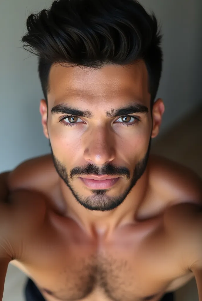 NoahCenttino man, 28 years old, black hair, cut and fade style.expressive light almond eyes,long eyelashes,full lips, thick defined eyebrows , stubble beard short,moustache dali,oval face.luminous perfect white skin, Masculine aspect,  marked abdomen,athle...