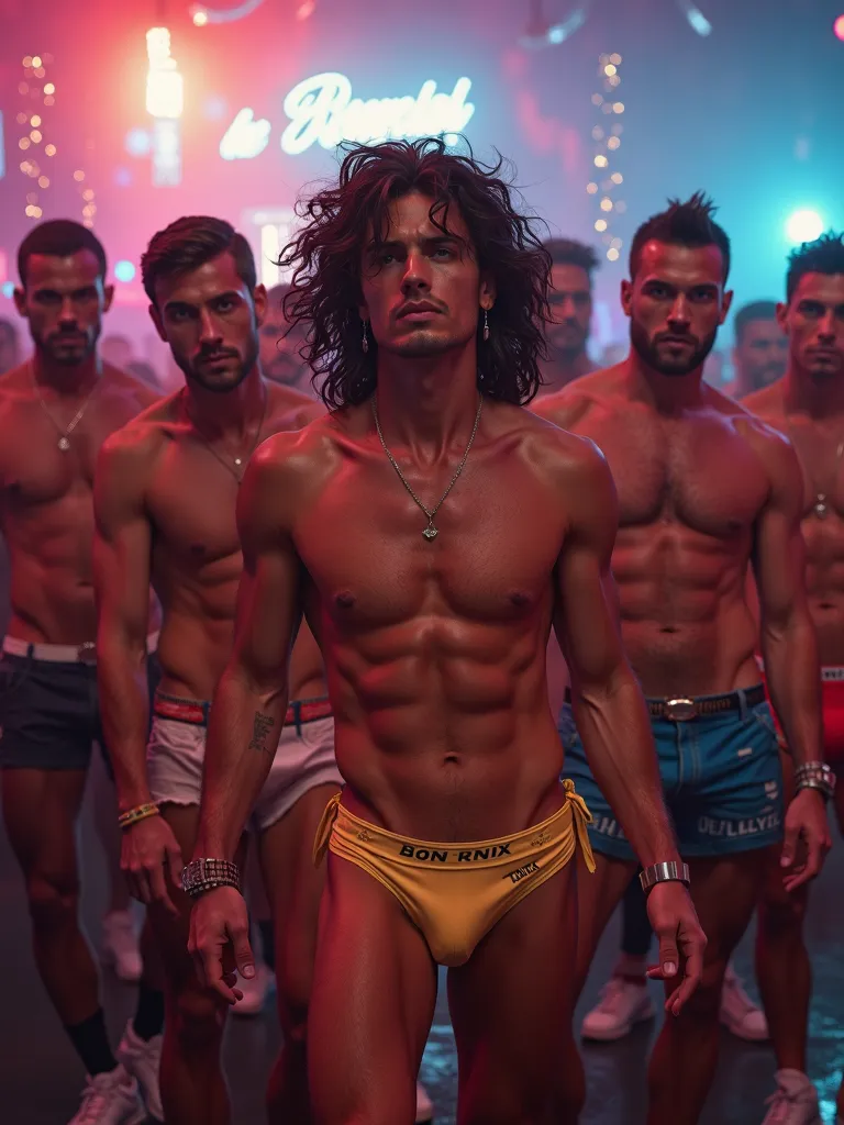 The image is a background of a sensual gay nightclub with a Lot of sensual and Exotic gogos front mens wearing smalls and tights brights and clear speedos with Big male bulges in the front crowd looking to camera. Alta resolución, Obra maestra, Premiado mu...