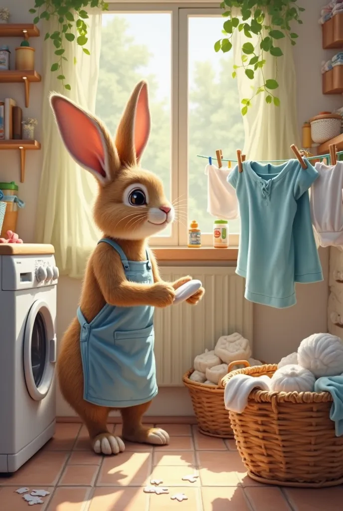 A hardworking rabbit washing clothes. It is using a washing machine while some clothes are drying on a clothesline. The laundry area looks neat with detergent, baskets, and fresh clothes hanging in the sunlight.
