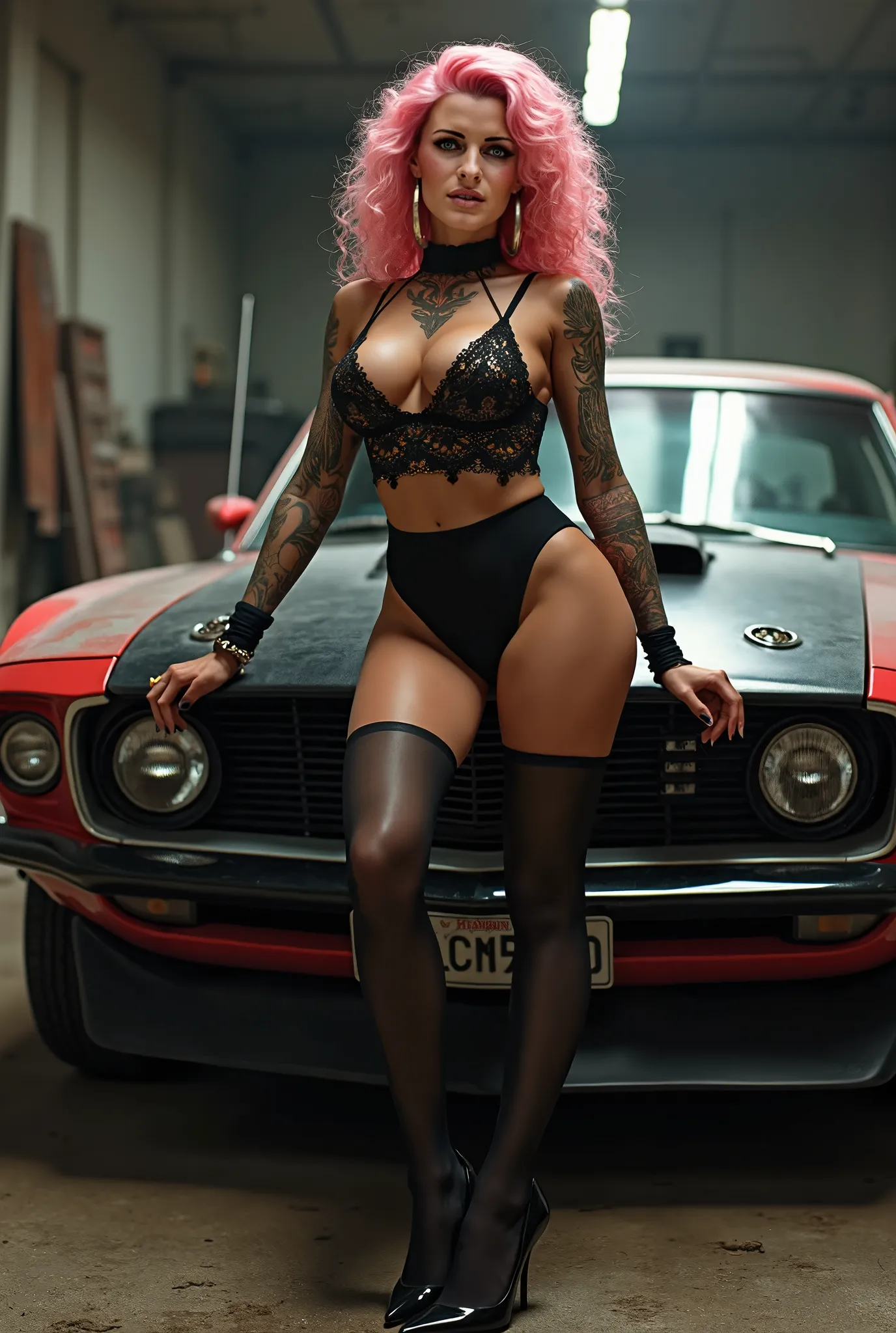 Masterpiece, real artwork, beautiful woman, curly pink hair, high waisted black pantyhose, lace turtleneck top , large breast, black tights, stilettos,louboutin heels, tattoos , hoops earrings, sexy posture, garage , beautiful ass, muscle car