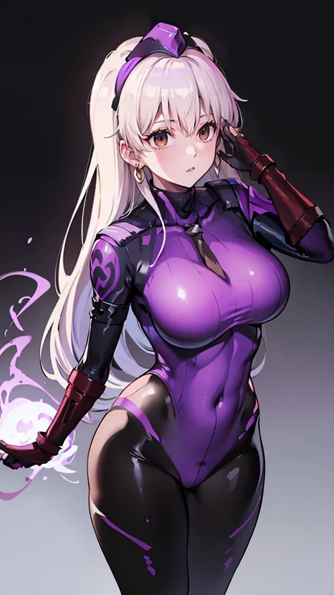  a girl,Not suitable for work,Elekishgar, (FGO), clavicle,  absurd, brainwashing, combative, empty eyes,((purple glowing eyes 1.5))( Big breasts ), without expression, hypnotized eyes, deleted emotions ,(( black shadaloo suit )),Set aside , whole body form...