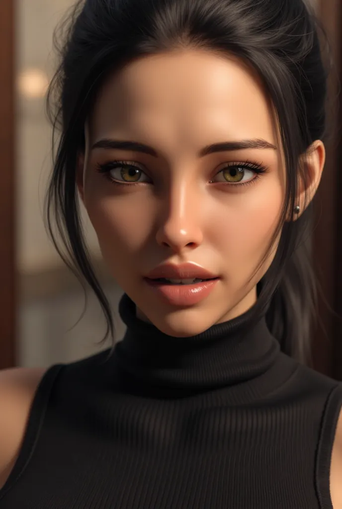 Realistic photo, brown skirt, black turtleneck, black pantyhose, realistic skin, Beautiful high-ranking woman witch, glow up make up,  charming woman, seducing, seductive looking, seduce,sardonic smile , lips full in love ,photorealistic , Symmetrical clos...