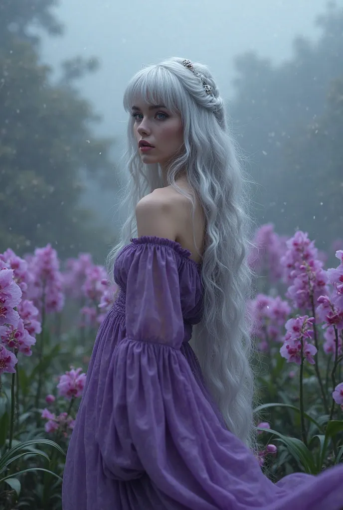 a beautiful woman with silver hair,, standing in a fantasy landscape with a purple orchid, purple dress, flow dress, sexy, stormy, foggy, 8k, highly detailed, realistic, photorealistic, hdr, ultra-fine art, sharp focus, physically-based rendering, professi...