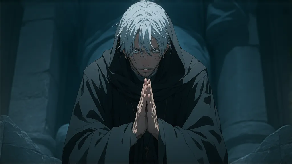 A close-up anime-style image of a priest with silver hair, kneeling in front of a statue, facing the viewer. His hands are clasped together in prayer, and his eyes are wide with fear and worry, trembling as he looks ahead. His expression shows deep interna...