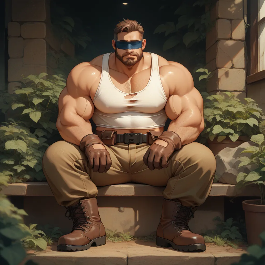 Blind hobo, blind, short, fat buff, muscular bara, human, no eyes, tightly blue blindfolded, brown mullet, beard, body hair, very tight white tank top like crop top, ripped beige heavy military trousers big pockets, brown leather boots, leather gloves