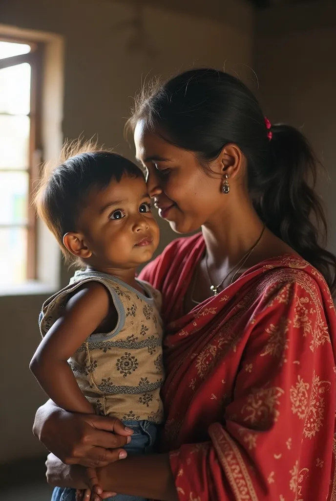 Visual Prompt: A loving mother in a modest traditional Bangladeshi saree holds her young son close, looking at him with deep affection. The  leans against her, feeling the warmth of his only guardian. The background shows a simple rural Bangladeshi home, w...