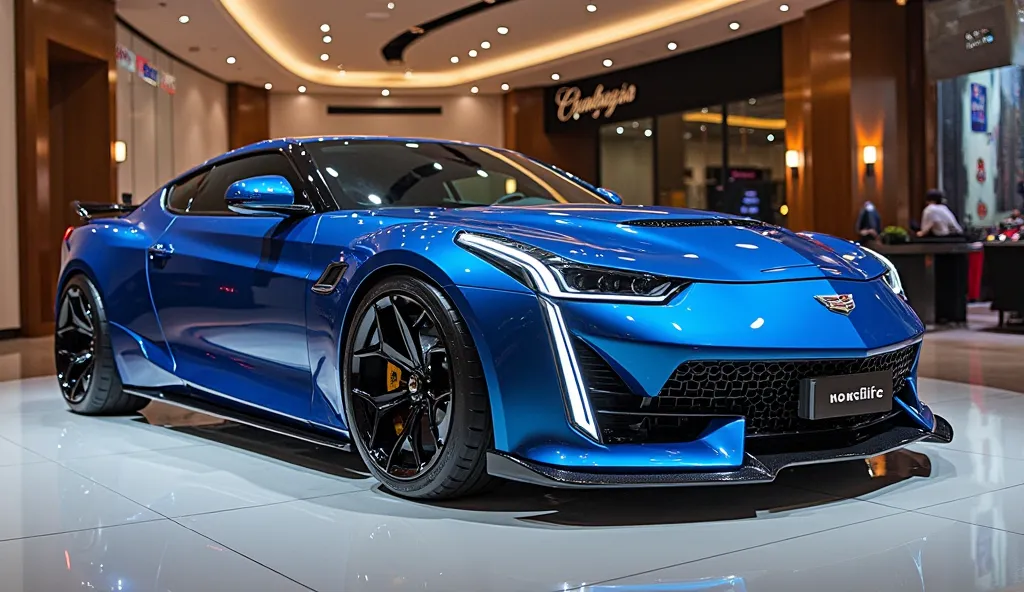 "A luxurious, camera (2025 Cadillac Eldorado) with a bold and modified design, featuring a (blue) shiny polished exterior. In the (side) view, the car modified is highlighted, showcasing a custom with an aggressive design. The features a prominent (Cadilla...