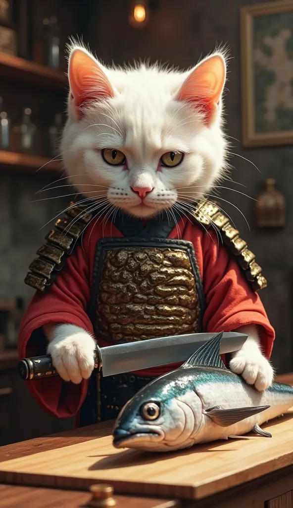 high image quality during sick leave、High Resolution、A cute, freshly born white baby cat that looks like a samurai who has just returned from a long period of warrior training is wearing the armor of a Sengoku warlord and is staring at the marlin placed in...