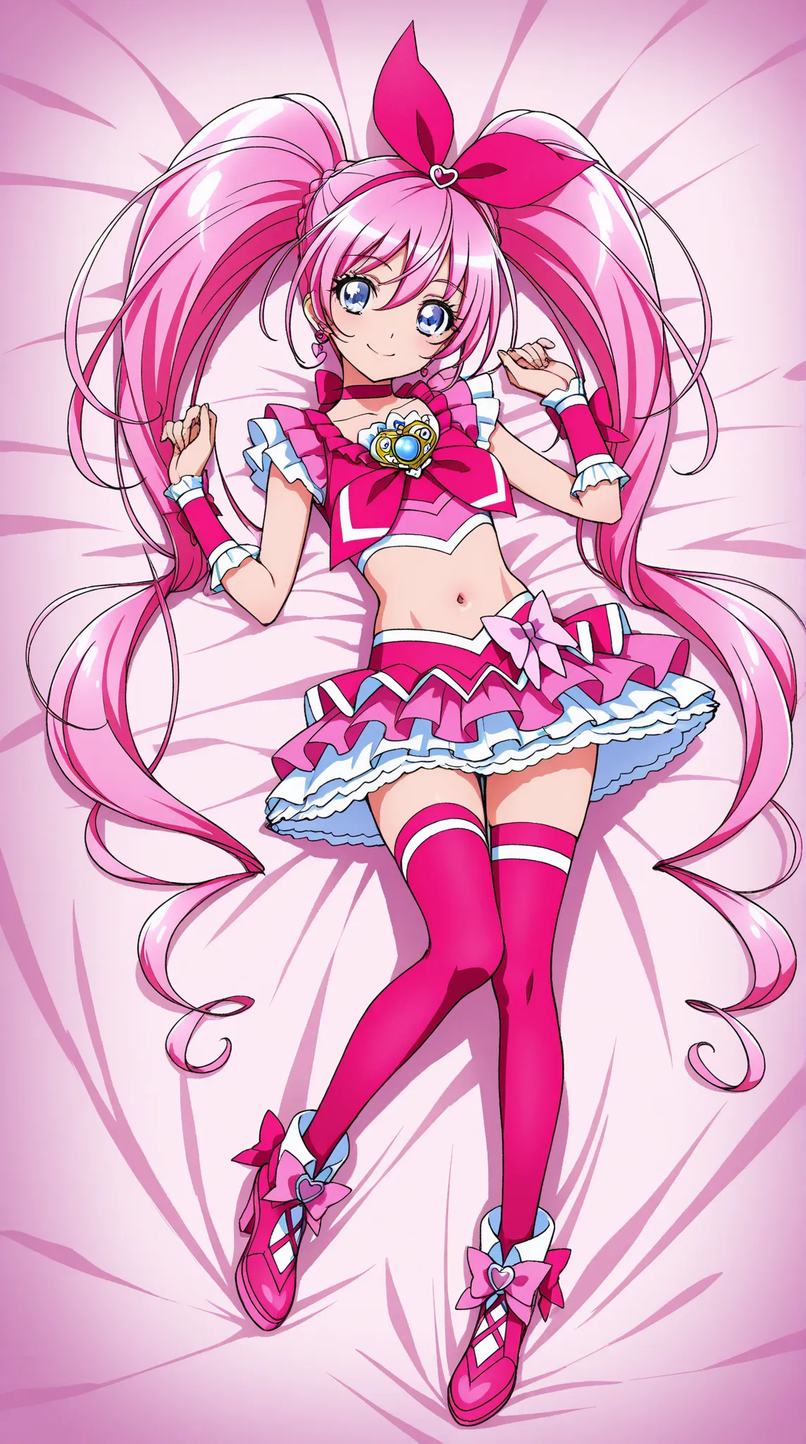 Cure Melody, full body、smile、looks at the camera、 pose、belly button, pink hair ribbon:1.2, pink hair band,Twin Tails,cute room、on the bed、masterpiece、top quality、uncorrected、