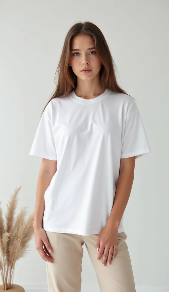 Wear a white plain short-sleeved tee and create a fashion photoshoot image like a lookbook