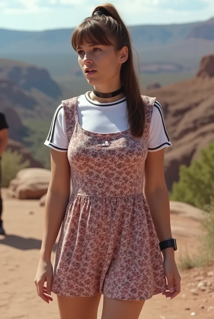 A highly detailed full bodyshot of a woman around 30 years old, with ponytail hair with bangs. She is wearing a mini floral dress with a white adidas t-shirt with black stripes along the sboulders underneath, a wide black leather choker, and black doc mart...