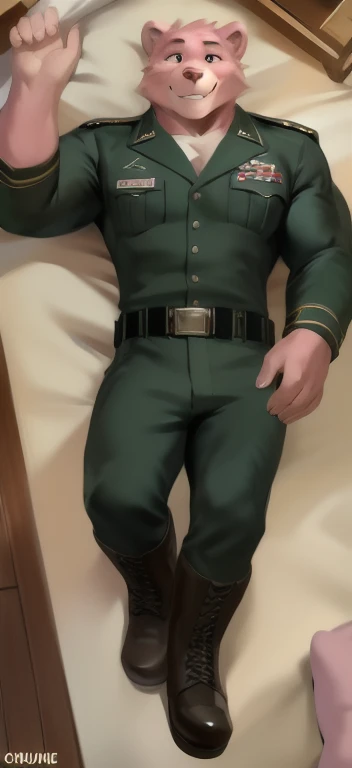 alone,  man big tall , Lying on the floor,The room is endlessly empty., pink bear​ ,black Green military Army uniform ,  Wearing Boots ,  overload, muscle,  smiley , by chunie 