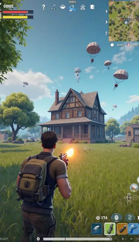 "A battle royale game screenshot featuring a player running towards a large house with a glowing weapon in hand. Above the house, multiple parachuting enemies are descending from the sky. The scene has a tense and action-packed atmosphere, with a mini-map ...