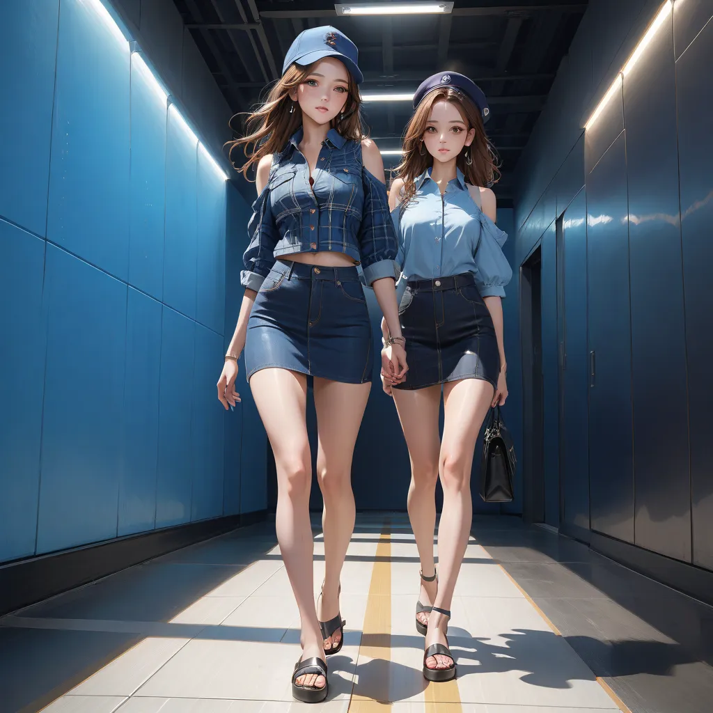 2 beauty women, russian-korean women, walking on zebra-cross, near event hall, BREAK, (dark-brown long hair,  forehead, blue cap or hat), BREAK, ((both wear blue theme 3/4 sleeves collared blouse, navy-blue denim pencil mini skirt, black sneaker sandals)),...