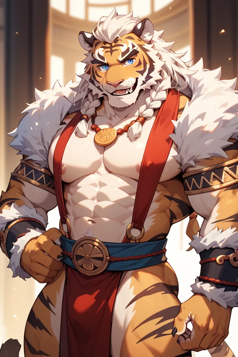 furry，ff14，Rosgar Tribe，male，Tiger Beast Man， Gold, braids、blue eyes, sling, handsome