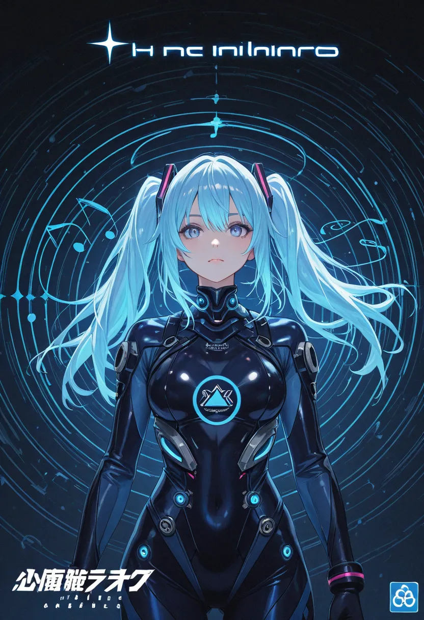 logo HD , the best quality, professional circular logo with electromagnetic waves and musical notes a girl with short blue neon hair, containing blue tones and the words Kadryblue