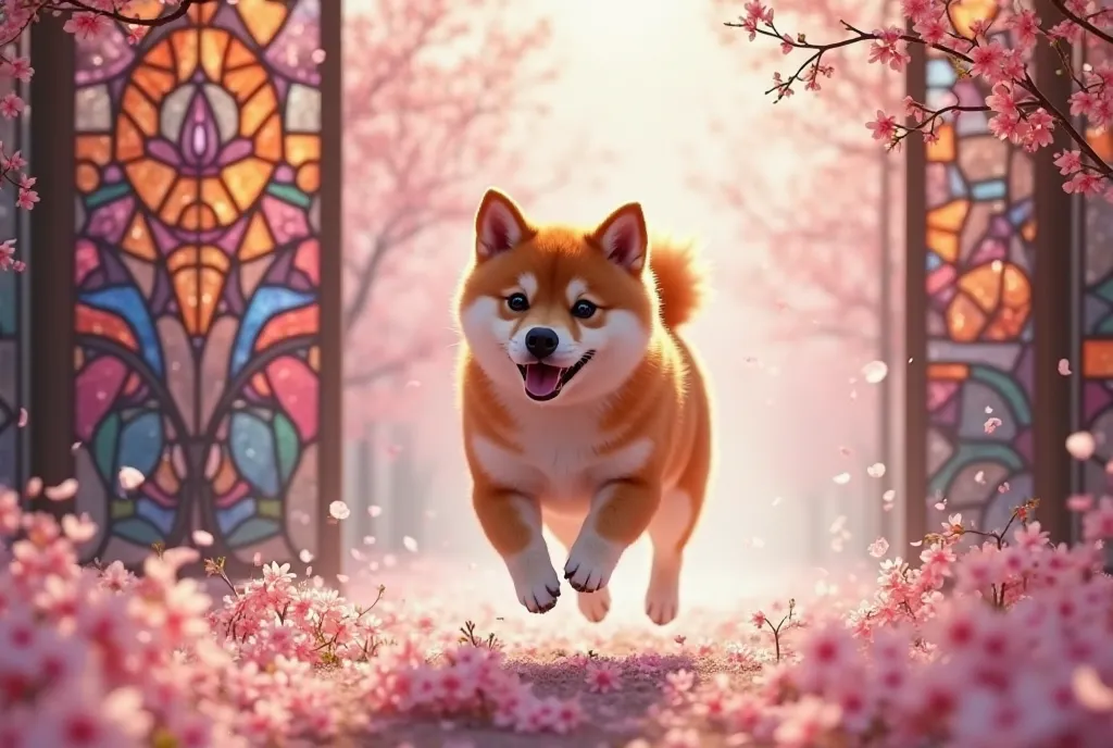 Shiba Inu　cherry blossoms　stained glass