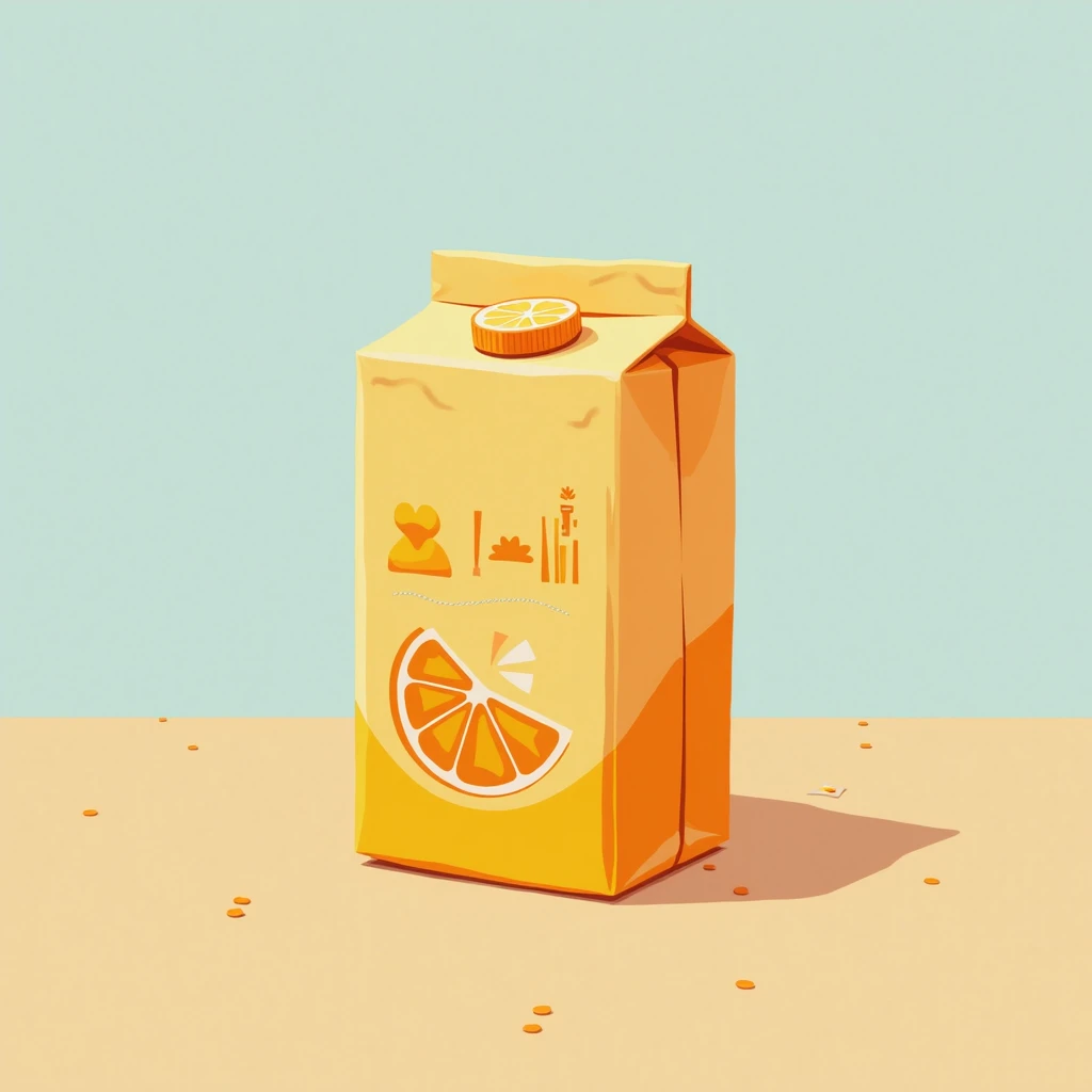 
2D cartoon juice pack of rectangular shape. The pack has a bright design, which can depict fruits (for example, oranges or apples). The background is a soft gradient of beige (table) and light blue (wall). The style is bright, ish, with clear contours and...